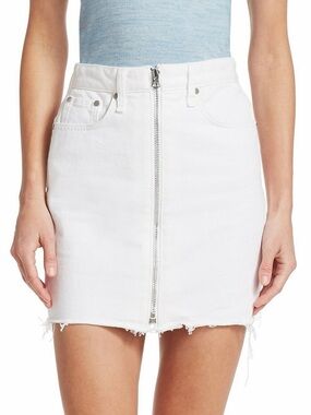 rag & bone White Zip-Front Distressed Hem Mini Skirt